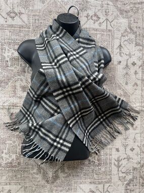Burberry Cashmere Gray Plaid Scarf with Light Blue and Black Accents